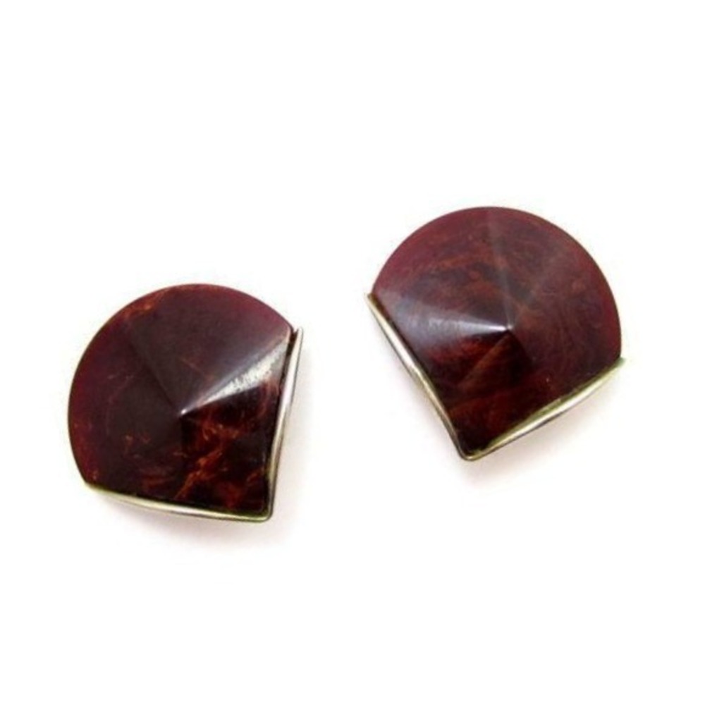 Vintage Dark Red Burgundy Wine Tested Bakelite Fan‎ Shape Clip-On Earrings